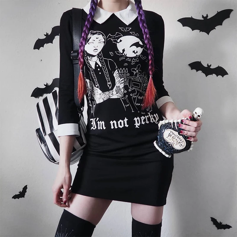 

Harajuku Black Dress Women Gothic Full Sleeve Dresses Female Fashion Casual I'm Not Perky Hallowmas Print Sexy Party Dress