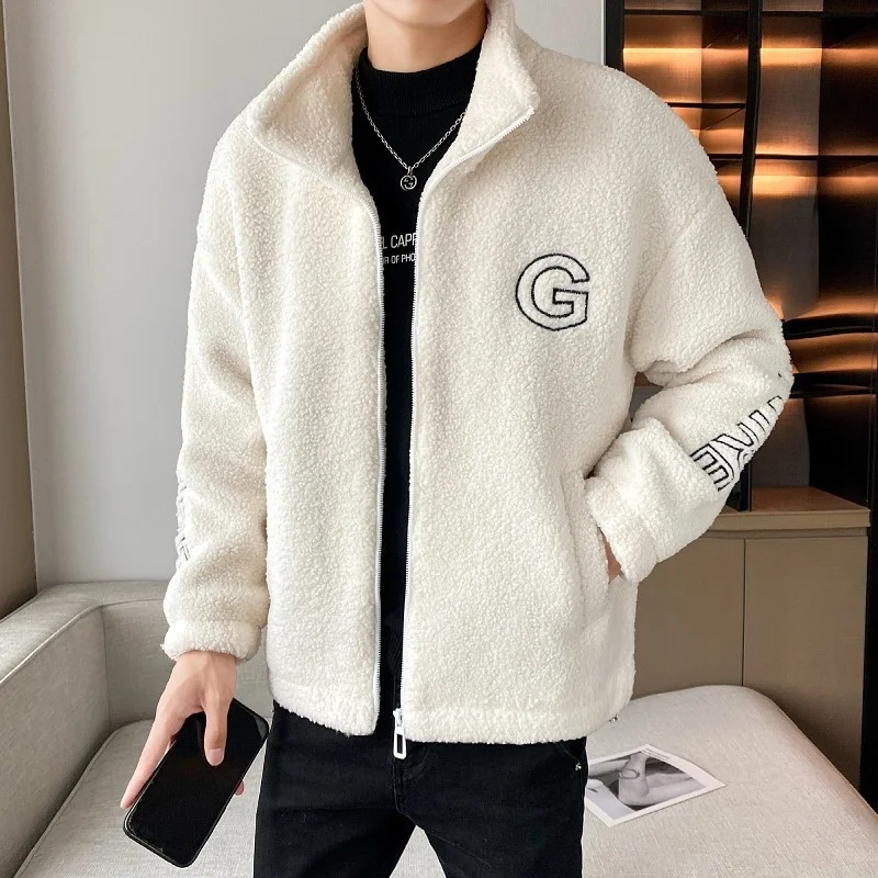 

Fashion Lamb Fleece Fluffy Jacket Men Harajuku Fuzzy Zipper Coat Male Autumn Solid Color Youth Embroidery Lightweight Jackets