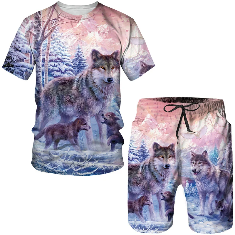 Funny Wolf Pattern T Shirt For Men Casual Shorts 2 Piece Outfit Summer Outdoor Sports Sets Fashion Trend Short Sleeve Clothing