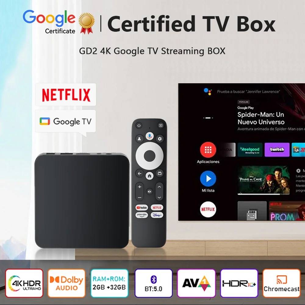 Сертифицированная Google GTV TV Box 4K Bluetooth Remote S905Y4 AV1 2 ГБ + 32 Smart Android 12