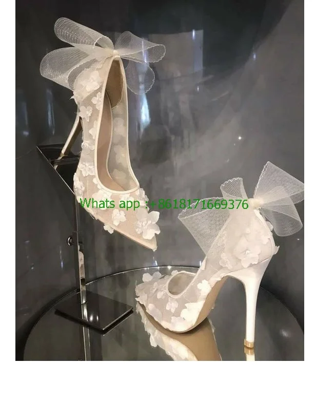 

Shallow Flower Bow Mesh Pumps Sexy Women Dance Wedding Lace Pointy Toe Shoes Design Embroidery Sweet Stiletto High Heel Sandals