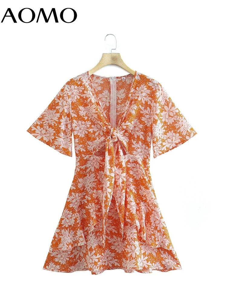 

AOMO 2022 Summer Women Orange Flowers Print Hollow Bow Dress Flare Short Sleeve Ladies Sundress 8Y60A