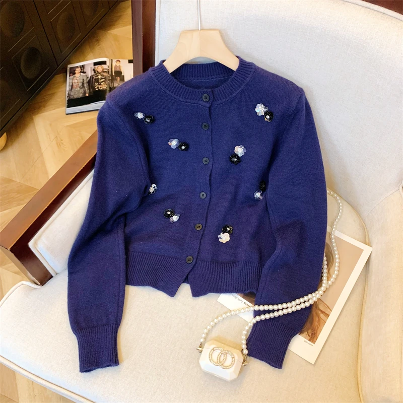 Элегантный осенне-зимний вязаный кардиган с блестками и круглым вырезом Женский