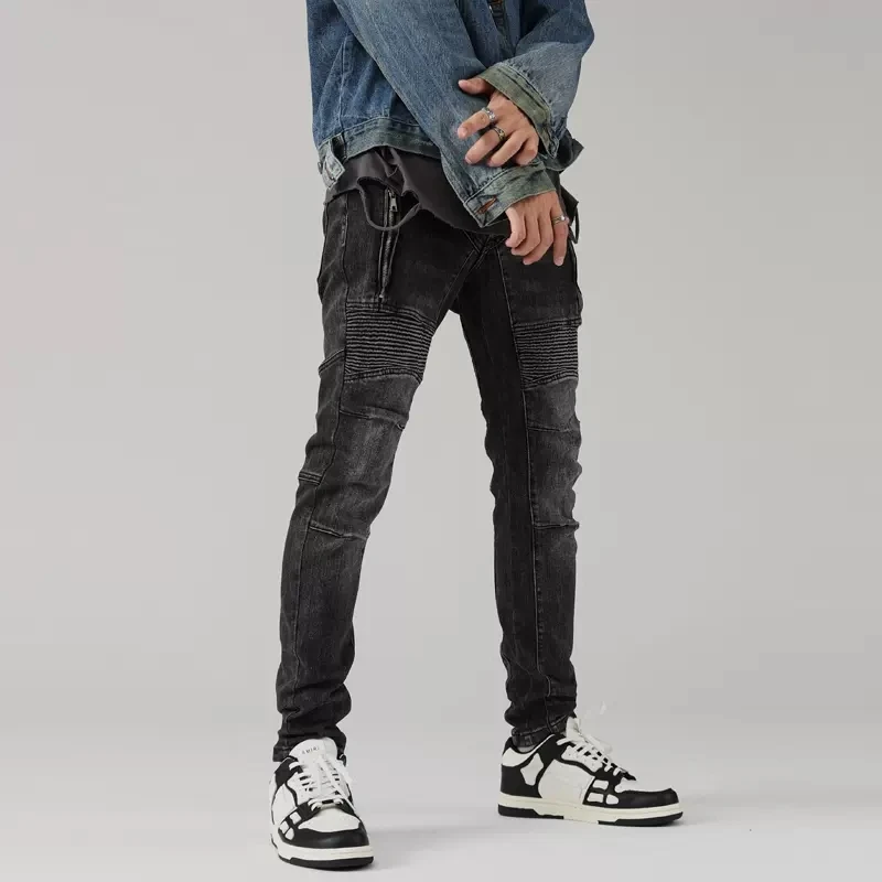 Street Fashion Men Jeans Retro Black Gray Elastic Slim Fit Spliced Biker Jeans Men Zipper Patch Designer Hip Hop Pants Hombre
