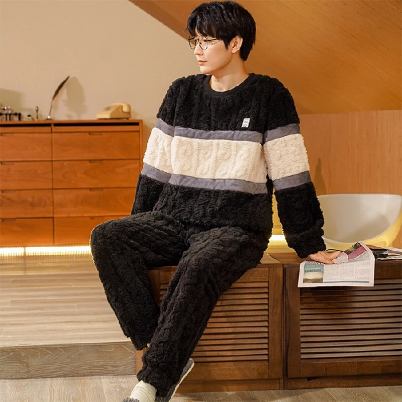 2022 Winter Long Sleeve Thick Warm Flannel Pajama Sets for Men Coral Velvet Cute Cartoon Sleepwear Suit Pyjamas Homewear Clothes