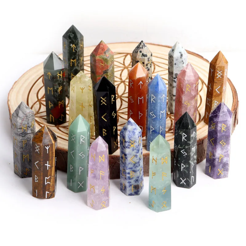 

50-60mm Natural Carved Amethyst Runes Wand Obsidian Crystal Chakra Point Divination Obelisk Healing Reiki Stone Collection Decor