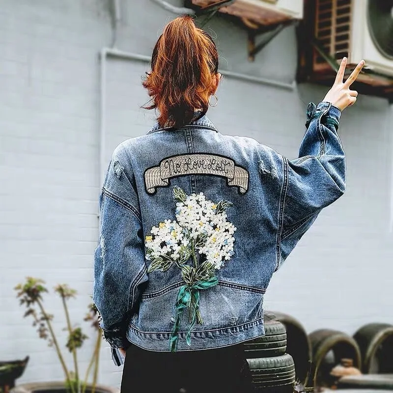 

2023 Fall Women's New Embroidered Denim Jacket Spring Hand-Frayed Vintage Blue Loose Denim Top Korean Fashion Women's Clothing