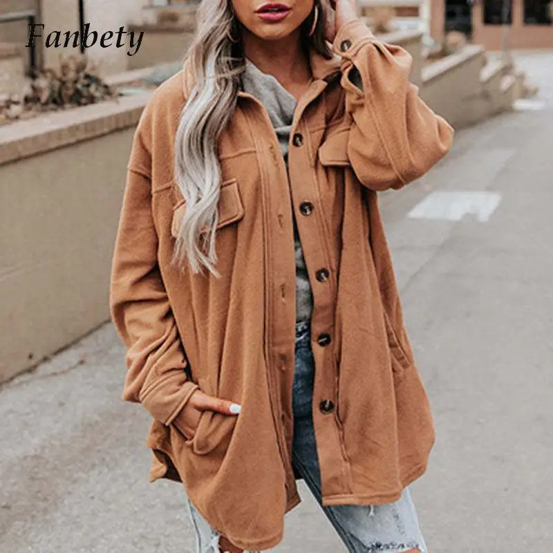 

New Casual Turndown Loose Pockets Jacket Autumn Winter Solid Color Women Coat Ladies Fashion Single-breasted Overcoat Streetwear