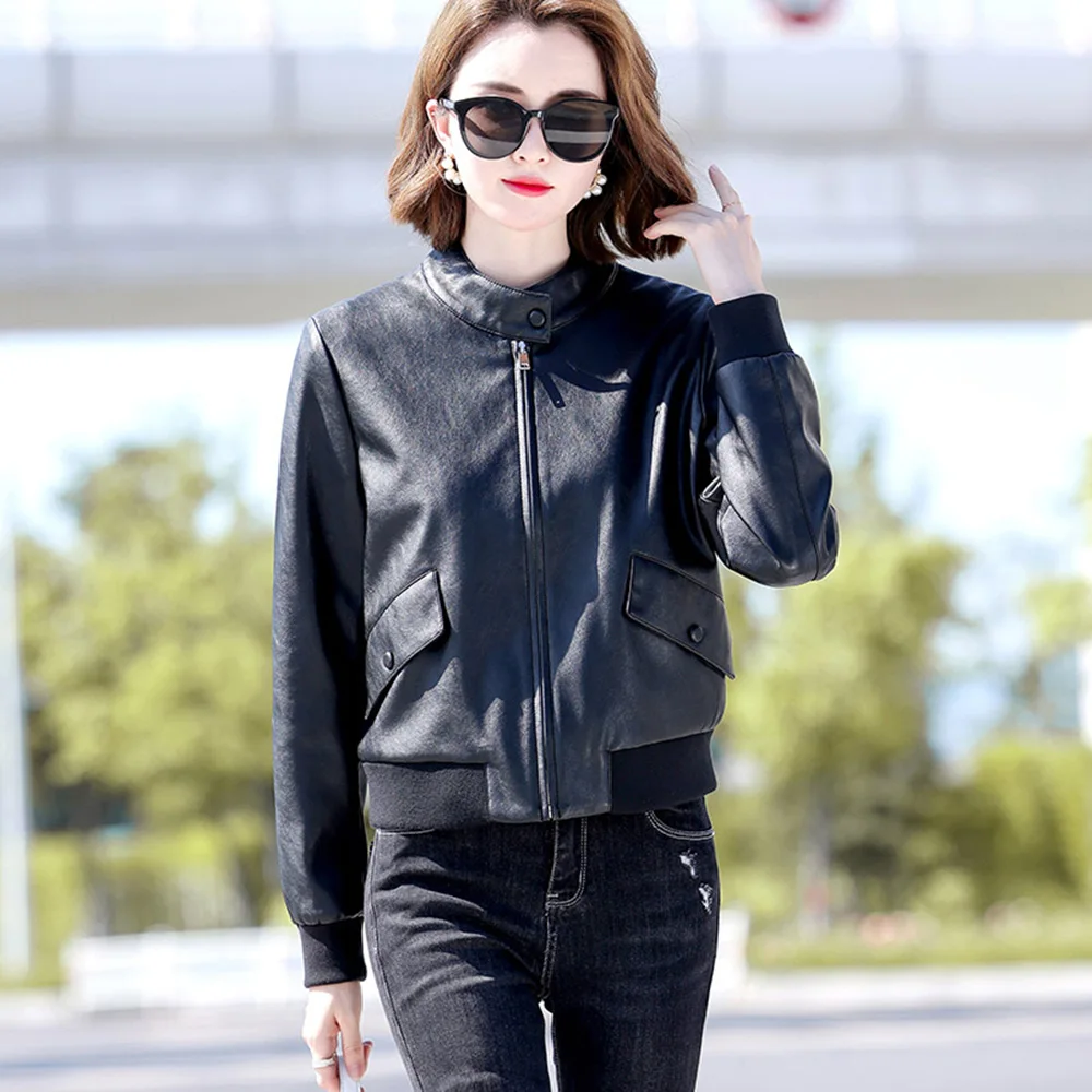 New Women Baseball Uniform Style Leather Jacket Spring Autumn Casual Stand Collar Sheepskin Jacket Short Split Leather Coat