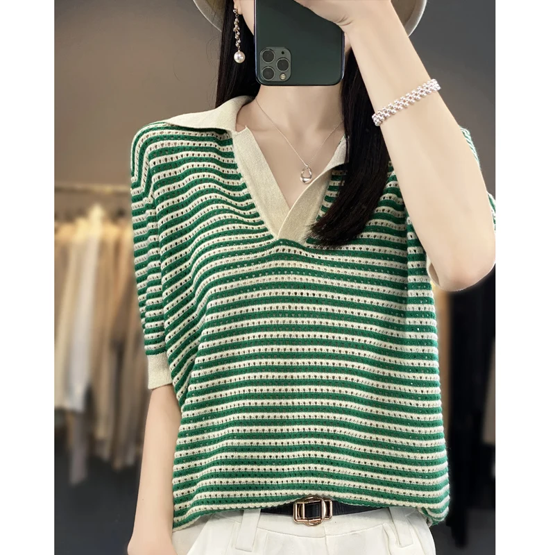 

Women's T-shirt Spring/Summer 100% Wool Sweater Short Sleeve Casual Striped Knitwear POLO Collar Ladies Tops Fashion Blouse