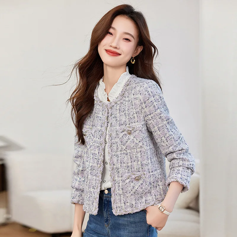 Фиолетовая женская короткая куртка из грубого твида с круглым вырезом новинка 2024