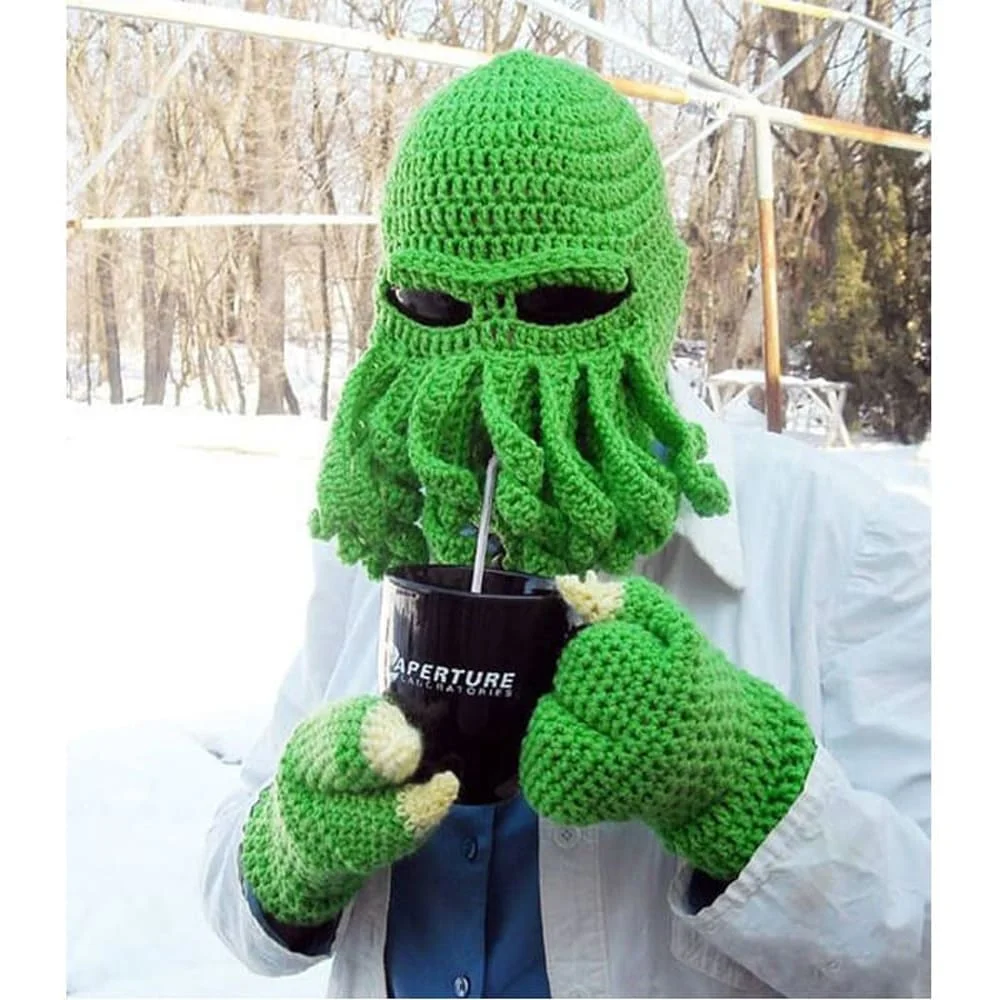 

Cute Happy Squid Handmade Wool Octopus Hat Face Mask Ski Woolen Beard Cosplay