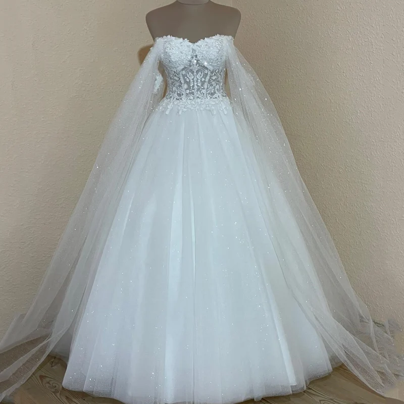 

White Sexy Sweetheart Backless A-Line Wedding Dress Luxury Beading Belt Vestido De Appliques With Cape Vintage Bridal Gown