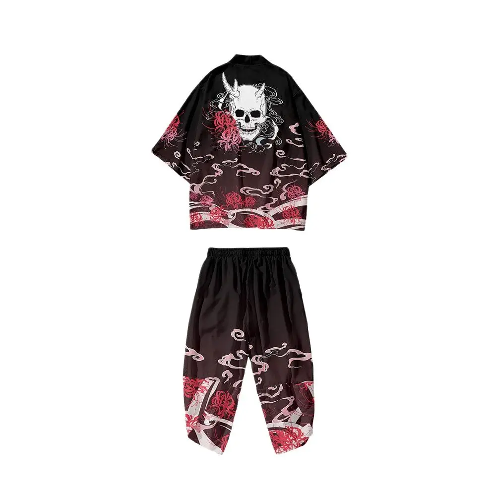 

Cartoon Demon Skull Floral Printed Kimono Cropped Pants Set Women Men Japanese Haori Asian Streetwear Cardigan Yukata Cosplay