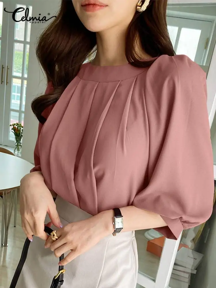 

Celmia Women Pleated Oversize Tops O-neck Sweet Casual Office Blusas Korean Style Elegant Lady 3/4 Sleeve 2022 Fashion Blouses