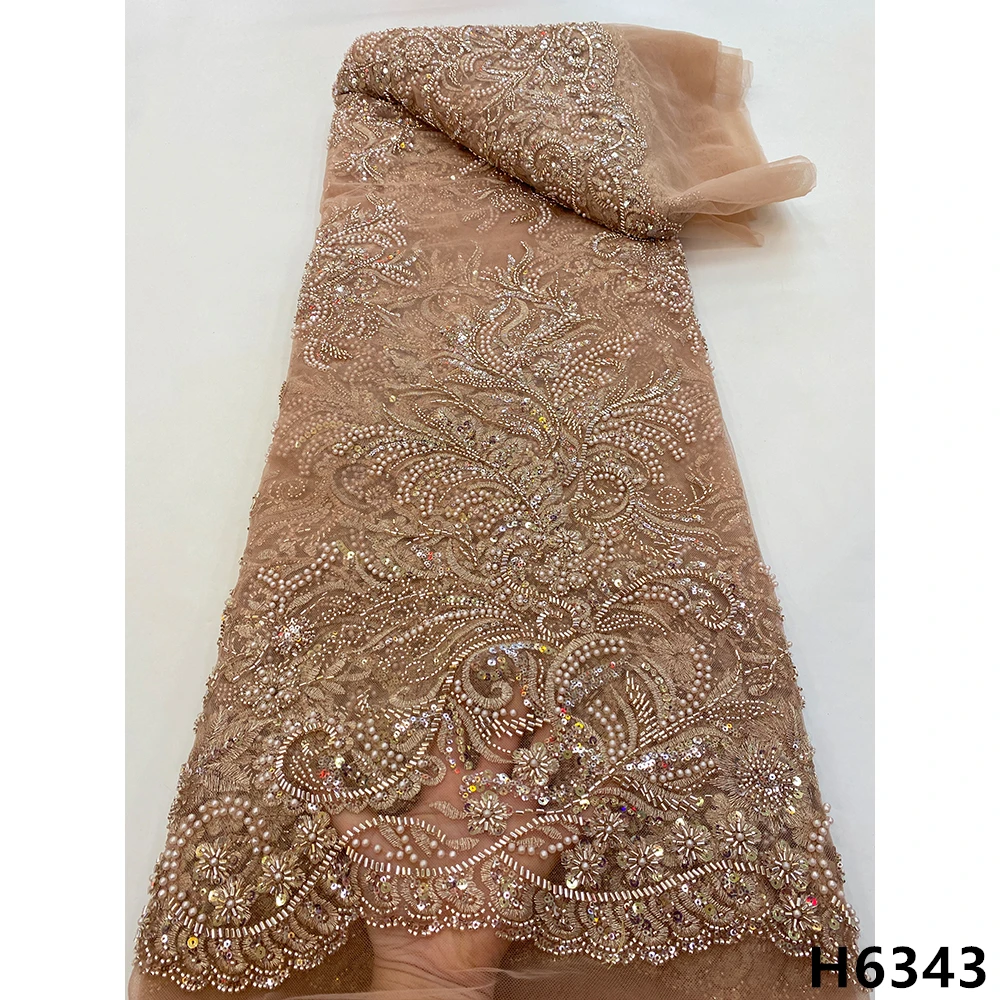 

Luxury Brown Handmade Beads Tulle Lace African Lace Fabric 2022 mbroidered With Sequins Nigerian Lace For Party Dress HX6144