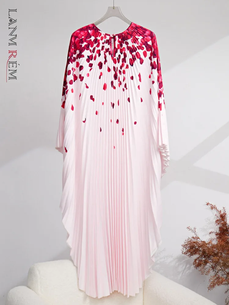 

LANMREM Batwing Sleeves Pleated Dress For Women Round Neck Fashion Printed Dresses High End Clothing 2023 Autumn New 32D230