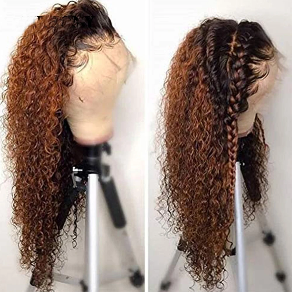 

Preplucked 26Inch Long Ombre Brown 180%Density Glueless Kinky Curly Lace Front Wig For Black Women With BabyHair Daily Cosplay