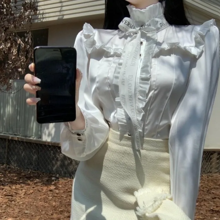 Женская блузка с длинным рукавом элегантная белая воротником-стойкой бантом и