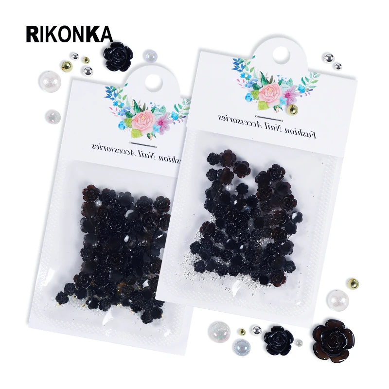 50Pcs Black Camellia Nail Rhinestones Rose Jewelry Mixed Pearl Caviar Diamond Parts DIY Japan Charms Spring Nail Art Decorations images - 6