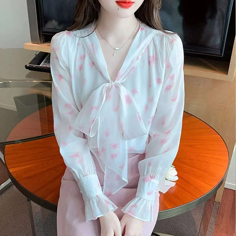 Новая женская рубашка с бантом и воротником-стойкой шифоновая длинным рукавом