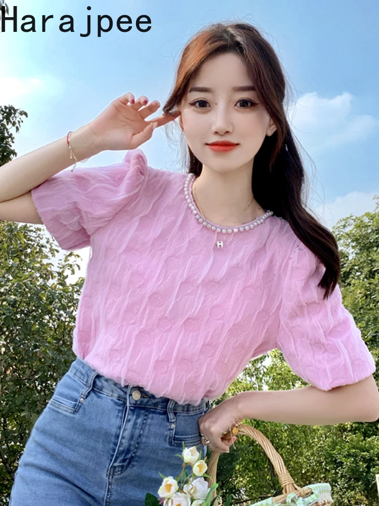 

Harajpee Pink Puff Sleeve Pullover Sweet Loose Round Neck Shirt Summer New 2022 Korean Style Simple Solid Women Tops Chic