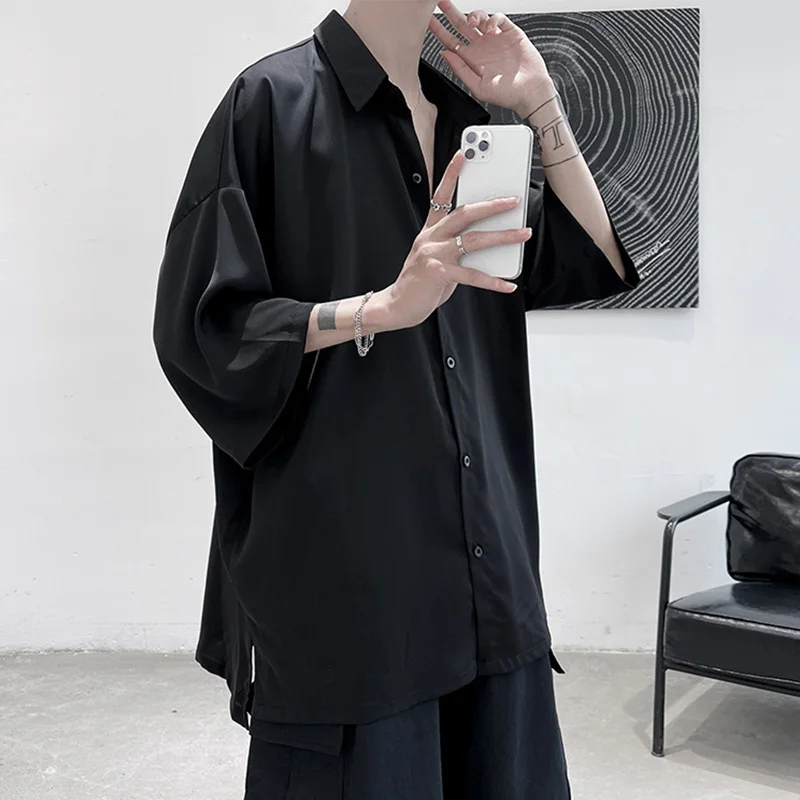 

Кардиган мужской оверсайз с рукавами в Корейском стиле, модная однотонная Повседневная получерная рубашка, блузка в винтажном стиле, лето