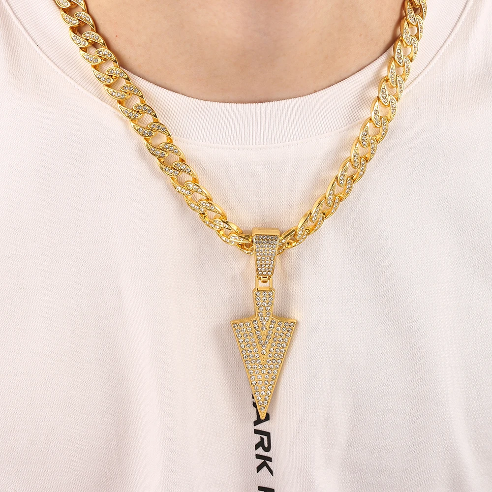 

Men's Design Shine Crystal Spearhead Arrow Pendant Necklace Miami Cuban Jewelry Chain Hip Hop Punk Rock Gift For Men Woman