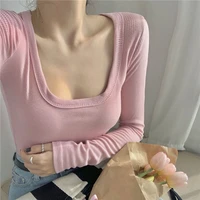2022 new style tops shirt autumn slim fit tightpink squarebottoming sweater t shirt womenscollarlong sleeved pullover with
