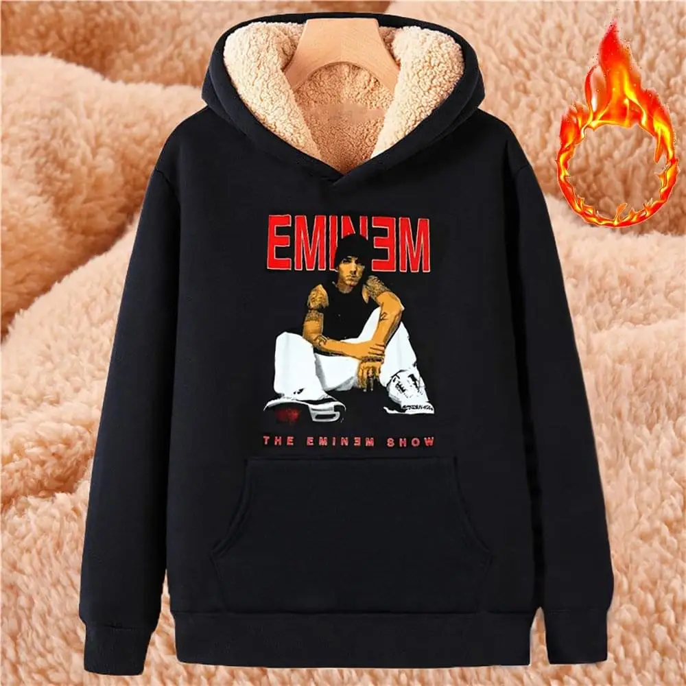 

Winter Thicken Lambswool Sweatshirts Eminem Print Hoodies Men Harajuku Warm Casual Hooded Unisex Streetwear Pullover Y2K Clothes