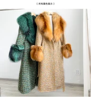 korean real fox fur big fur collar tweed woolen trench coat for women wool long coat womens winter fur cashmere coat max mara