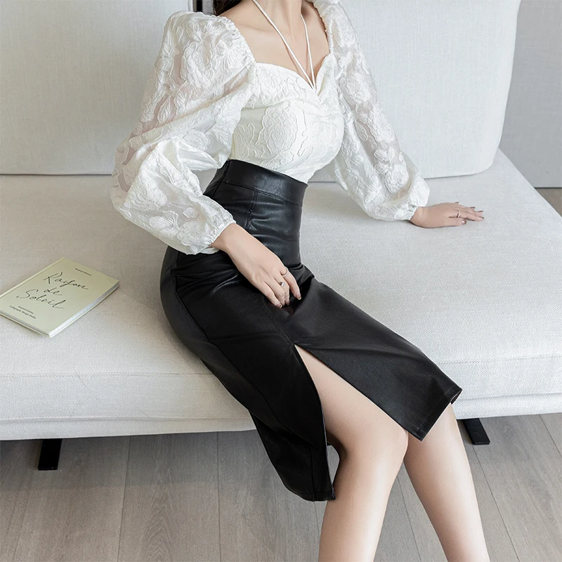 2024 новые осенне-зимние кожаные юбки сексуальная женская юбка черная с высокой