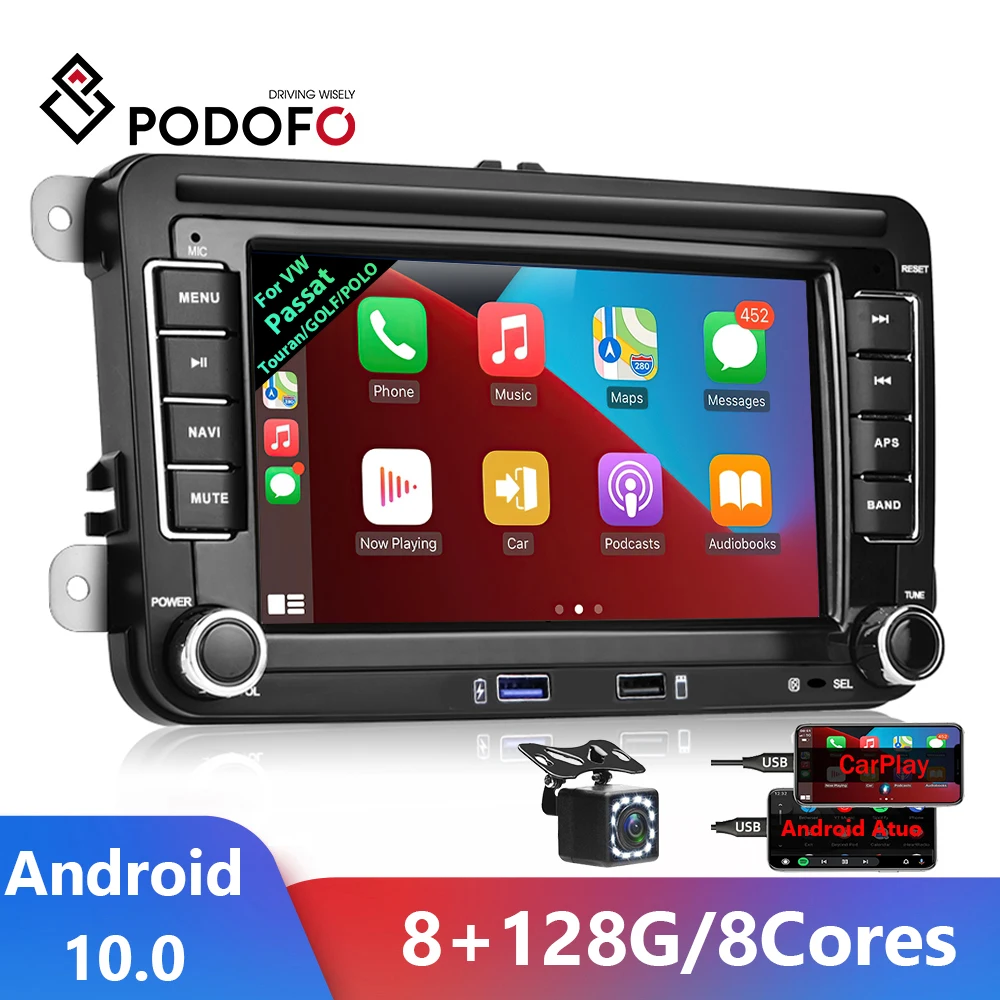 $94.14 Podofo AI Voice Carplay 2 din Android Radio Car Multimedia Player 4G For Volkswagen VW Passat B6 Touran GOLF5 POLO Tiguan Jetta