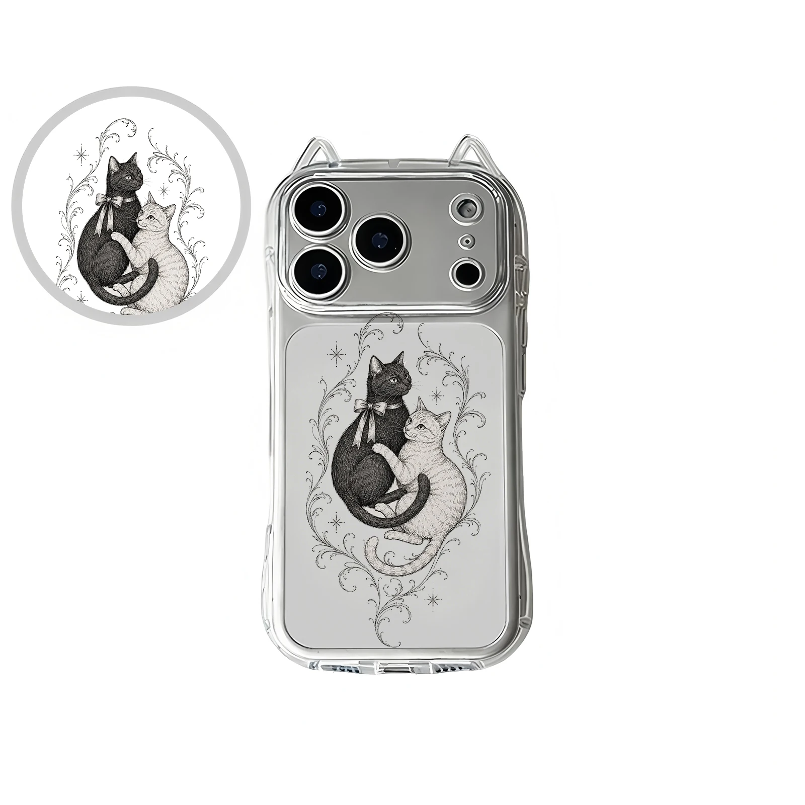 Чехол для телефона с черно-белой кошкой и ушками на ветке для iPhone Air 17 Pro Max 16 Plus 15 14 13 12 11 Pro Max, мягкая задняя крышка (art.: 3920db557d392) - 3920db557d392