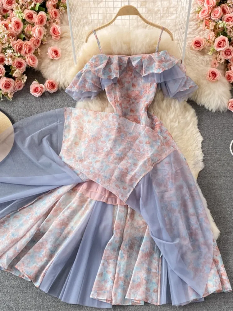 Женское шифоновое платье на бретельках элегантное Сетчатое без бретелек с