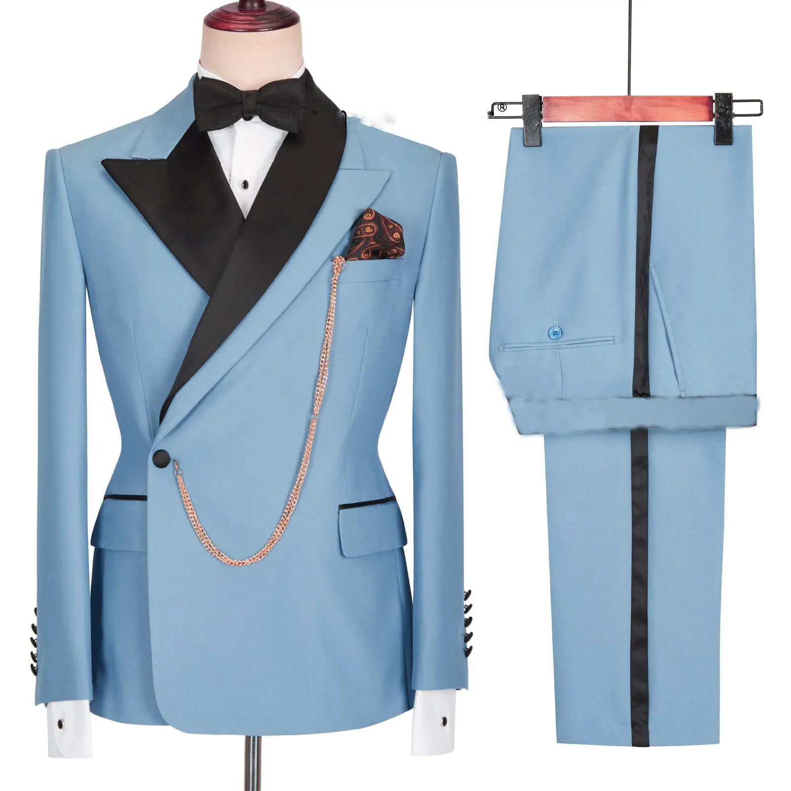 2022 Tailor Made Light Blue Groom Tuxedo Formal Double Breasted Men Suit Prom Wedding Party Mens Suits Costume ( jacket+Pants)