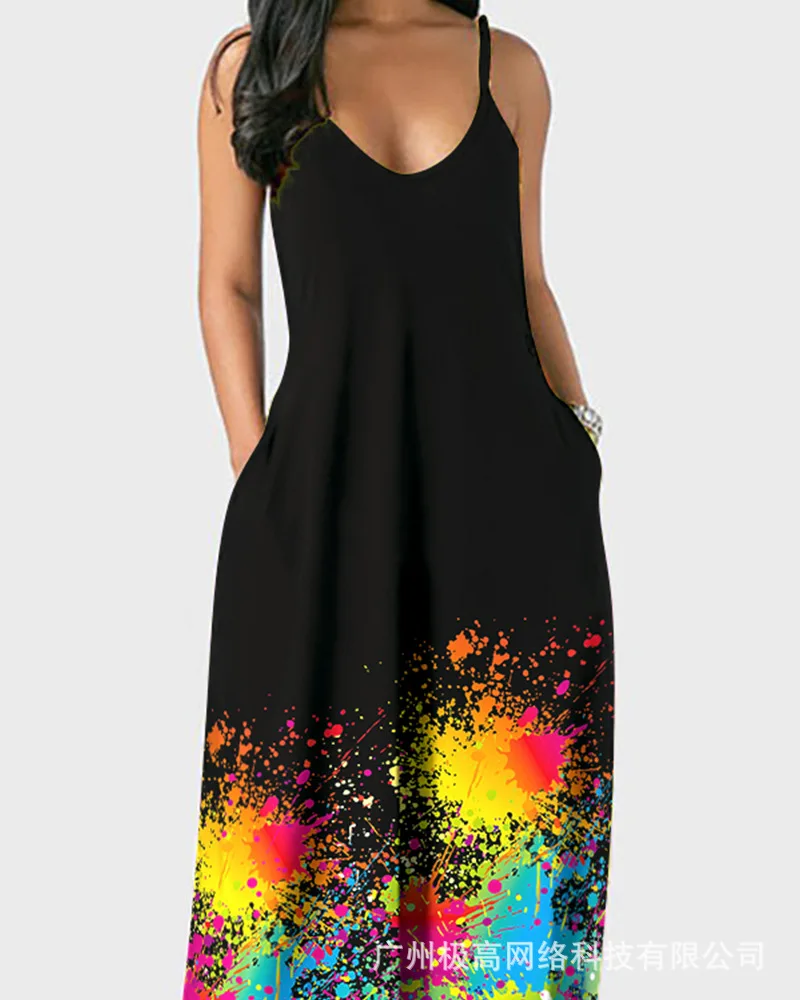 

2022 New Fashion Simple Casual Women Dresses Black Spaghetti Strap Home Pockets Loose Printed Long Dress Vintage Summer Holiday