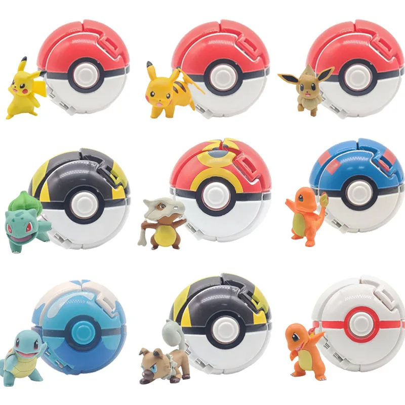

Pokemon Pokeball with Cartoons Movie Anime Figure Pikachu Charmander Eevee Squirtle Vulpix Quality Pet Action Model Toys Gifts