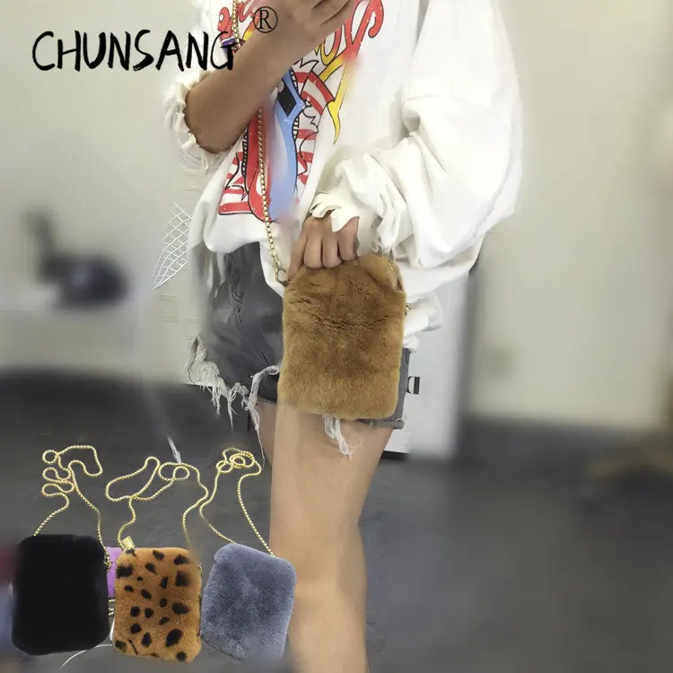 Rabbit Fur Real Fur Bag for Woman Hand-woven Luxury Charm Retro Bucket Bags Female Chain Women's Handbag Plush Designer Warm
