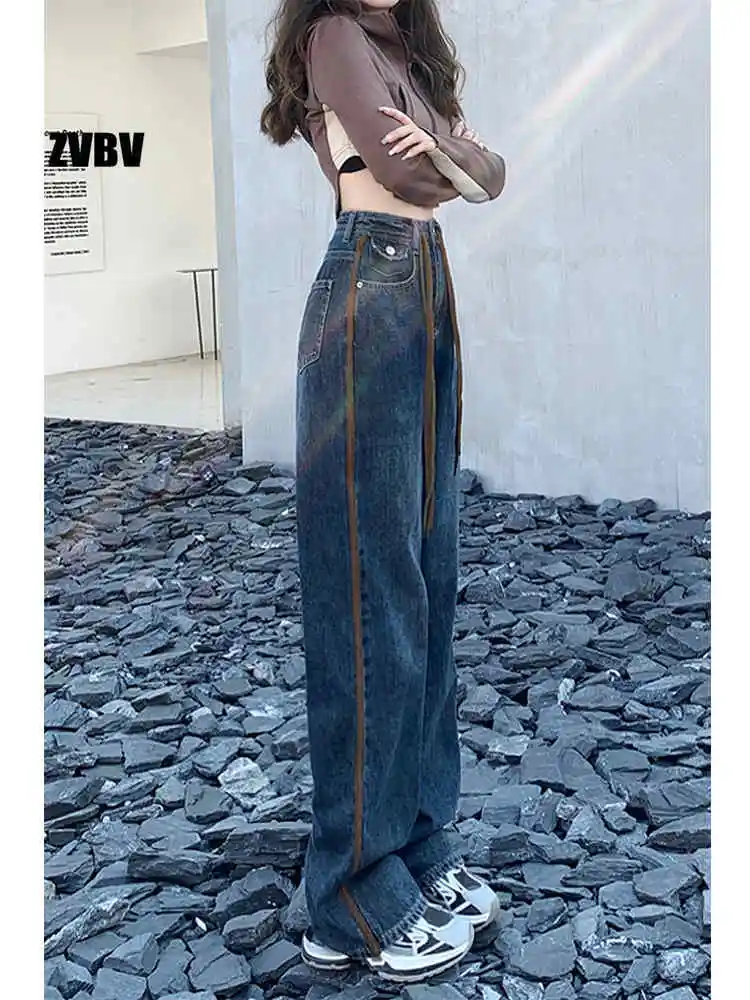 

Y2K Women Vintage Streetwear Korean Baggy Cargo Jeans High Waist Straight Wide Leg Pants Denim Trousers Mopping Pantalones A845