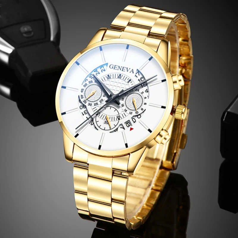 

Fashion Men Gold Stainless Steel Quartz Watch 2022 Luxury Calendar Male Clock Brand Business Leather Watch for Men zegarek męski