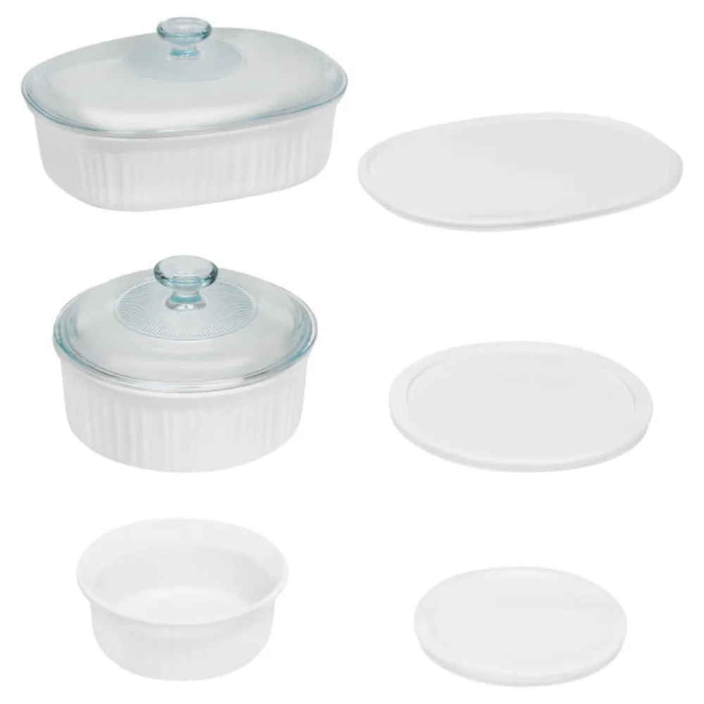 

OIMG French White 8-Piece Ceramic Stoneware Casserole Set with Glass and Plastic Lids, Round & Oval