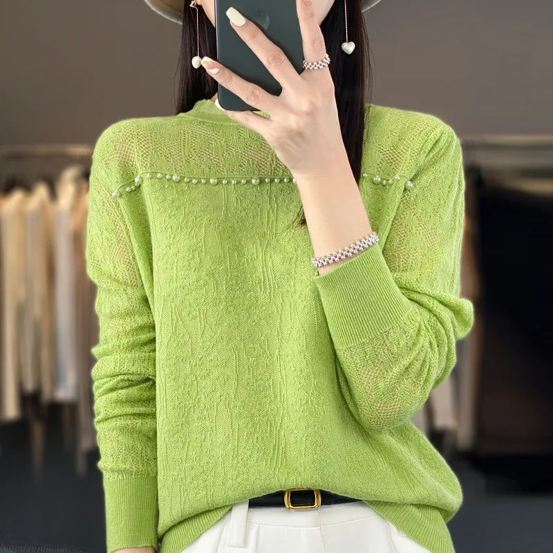 

round Neck Refined Wool-like Beaded Lace Lace Long-Sleeved Knitwear 2023 Summer New Solid Color Pullover