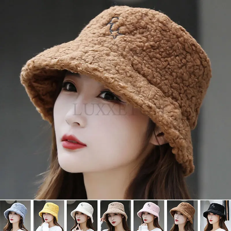 

Winter Warm Outdoors Teddy Hat Windproof Plush Bucket Hat Lambs Woolen Hat Fuzzy Faux Fur Packable Brim Fisherman Cap