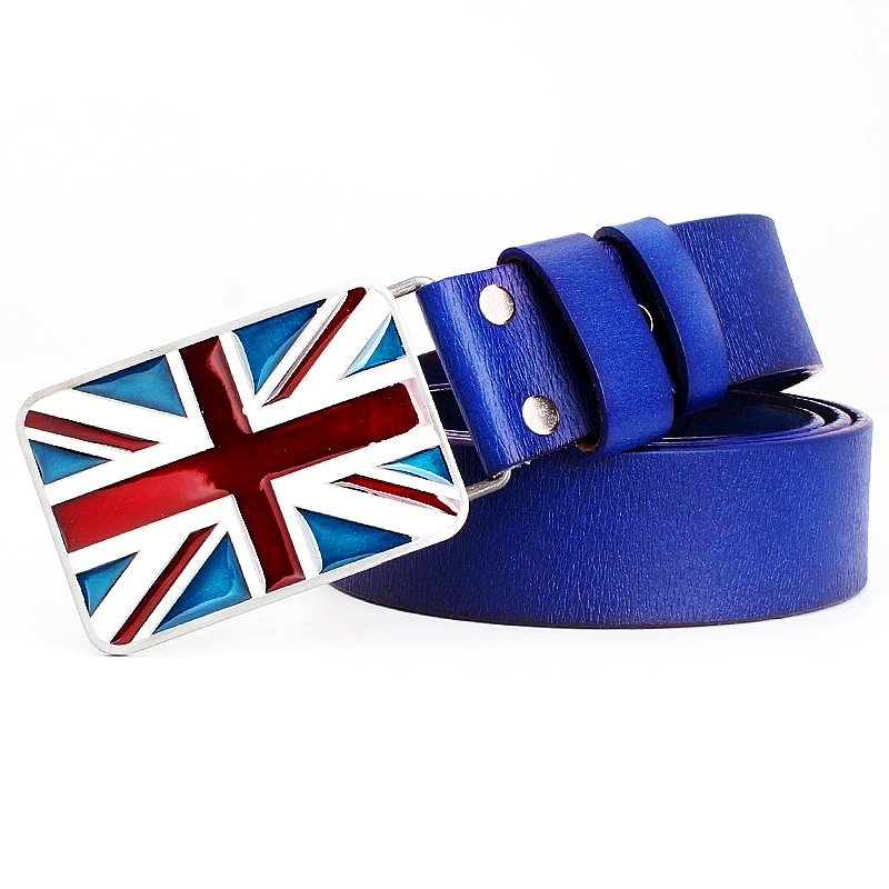 British Flag Pattern Fashion Belts Cowskin Genuine Leather Metal Buckle Union Jack Jeans Waistband Trousers