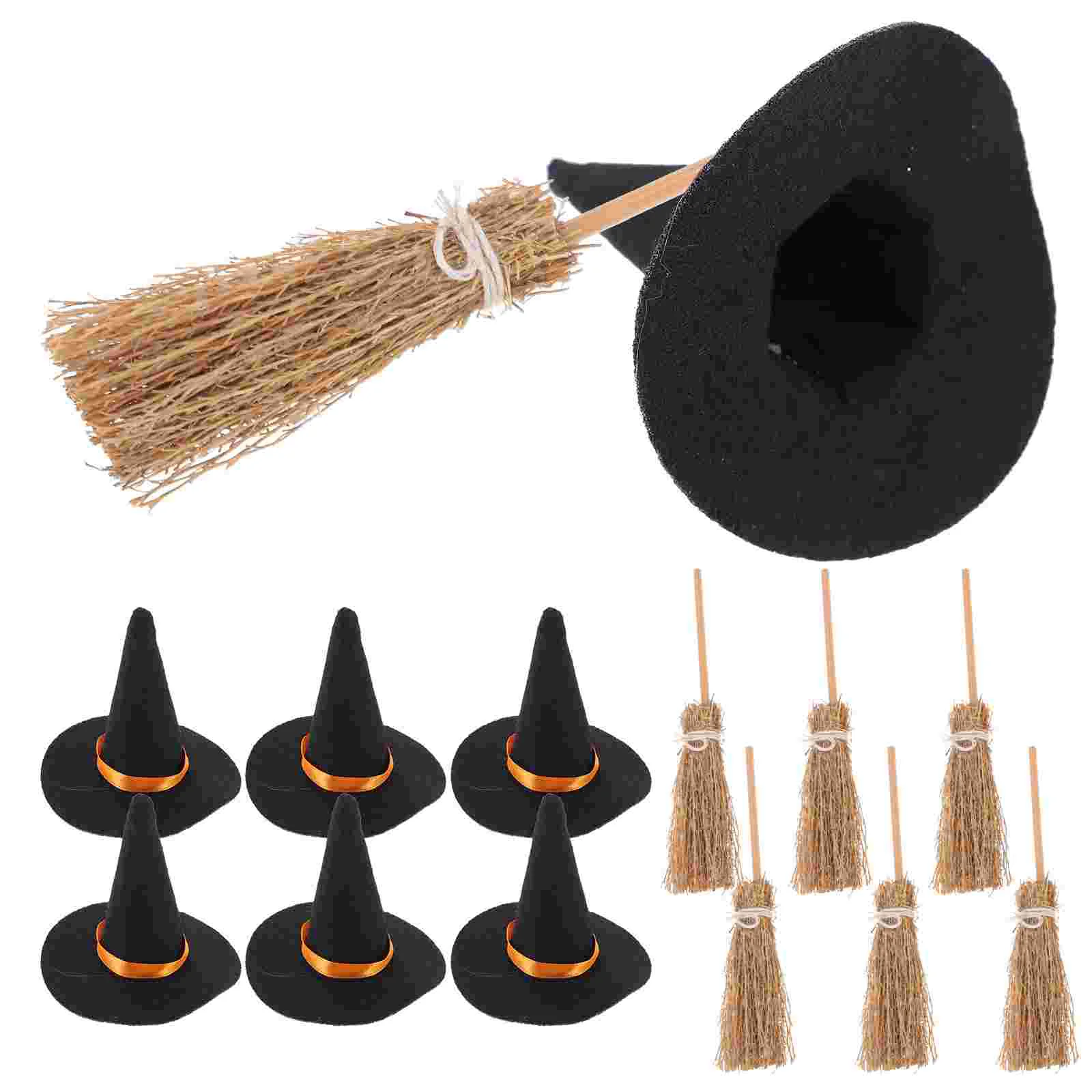 7 Set Halloween Felt Witch Hat Brooms Tiny Decorations Mini Hats for Drinks Miniature Wooden Party Child Ornament
