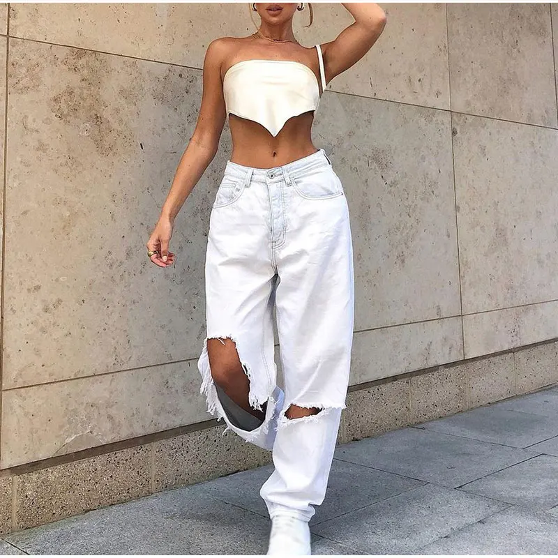 

Women Vintage Y2k Low Rise Loose Wide Leg Trousers Harajuku White Ripped Hole Baggy Denim Pants 2021 Boyfriend Straight Jeans