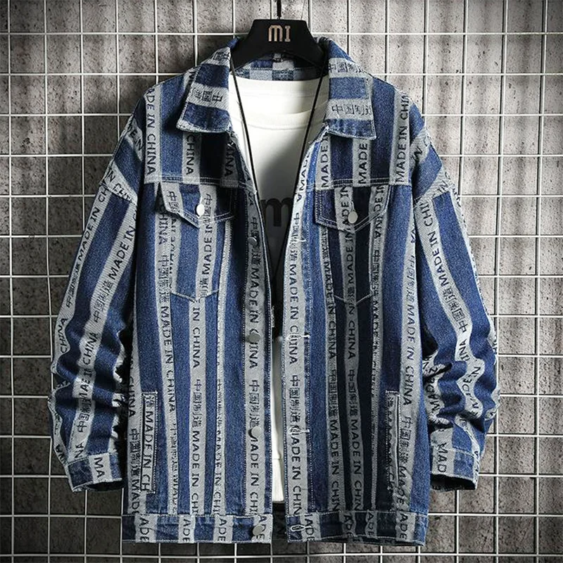 

Trendy Brand Denim Jacket Men Spring Autumn Loose Denim Jacket Striped Letter Jacquard Jacket Personality Brand Denim Coat Men