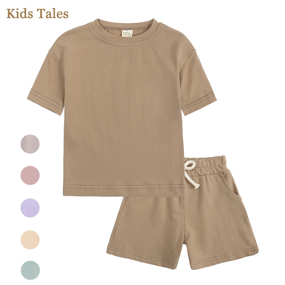 

Summer Toddler Boys Girls Sport Clothes Kids Solod Color Cotton Casual Crewneck Short Sleeve T-Shirt + Shorts Children Outfits
