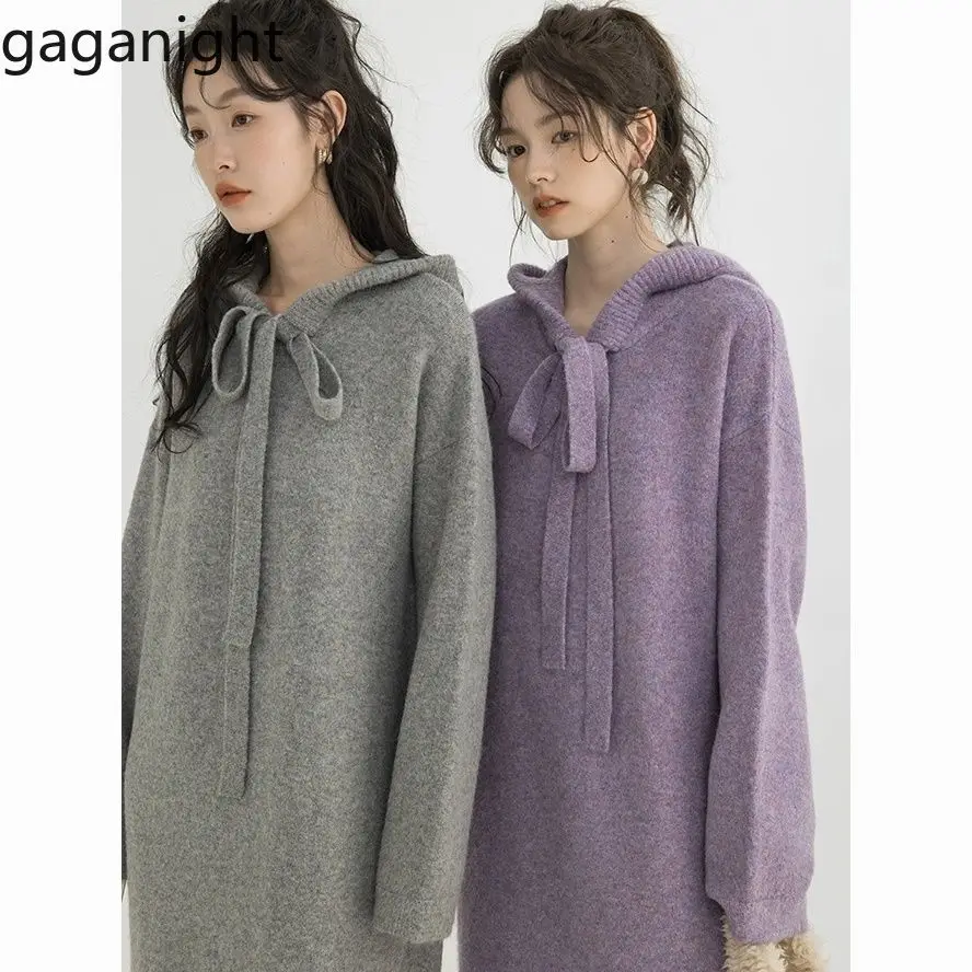 Gaganight женское серое трикотажное платье с капюшоном 2024 осенне-зимнее новое